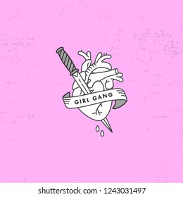 Heart with knife. Love kills slogan. Linear graphic print for t-shirts. Vector stickers, print, patches old school style