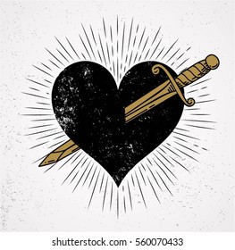 heart and knife symbol of love with sunburst grunge isolated background