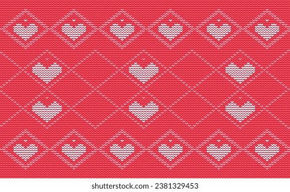 Heart knit love pattern, Cute cross stitch background, Knitted pattern, Heart continuous nordic style, Red and white pattern ethnic illustration, Design for textile, fabric, cloth, wrapping, fibres