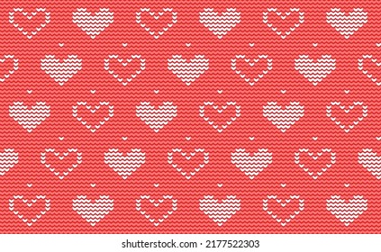 Heart Knit Pattern Vector, White Love Embroidery on Light Red Background, Cross Stitch Love Valentine Design