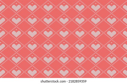 Heart Knitted Pattern Vector, White and Red Love Embroidery Continuous Background, Cloth Classic texture, Tribal Template art