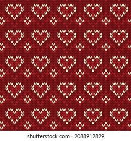 Heart knitting seamless pattern wool knitted texture red Nordic knit knitwear fabric design hearts geometric ornament vector illustration, Cute retro background for Valentine's day or wedding