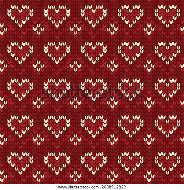 Heart knitting seamless pattern wool knitted\
texture red Nordic knit knitwear fabric design hearts geometric\
ornament vector illustration, Cute retro background for Valentine\'s\
day or wedding
