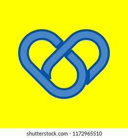Heart knot. Simple red heart rope symbol. Vector. Office style blue icon at yellow background.