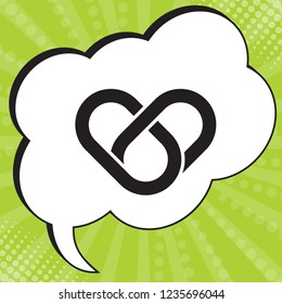 Heart knot. Simple red heart rope symbol. Vector. Black icon in speech bubble at popart yellow green background.