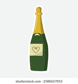 Heart Label Champagne Sticker - Vector Design. Charming vector sticker of a champagne bottle with a heart label. Perfect for romantic occasions, weddings, and celebrations