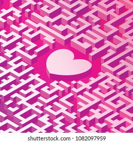 Heart in the labyrinth. 3D image in isometric projection. Complex relationships of people.