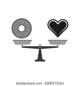 Heart and labyrinth scales. Balance symbol. Black and grey. Vector illustration.