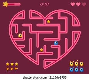 Heart Labyrinth Video Game. Happy Valentine's Day Concept. Pink Maze Heart Casual Video Game On Vinous Background. Valentine's Vector Illustration