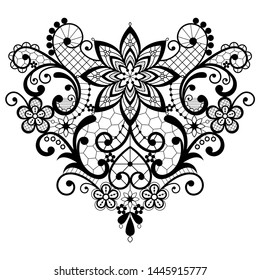 Heart lace black and white vector design - Valentine's Day, wedding celebration, love heart shape pattern with flowers and swirls. Embroidery monochrome decoration inspired by French and English art