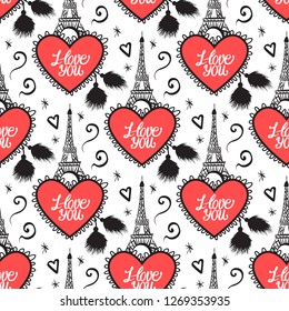 Heart with lace and eiffel tower. Seamless pattern. Vector illustration. Velentines day design. I love you lettering. Hand drawn black isolated on white background