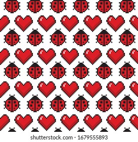 heart and ladybug pixel seamless pattern inspired by old video games, 1990,1980, 8bit