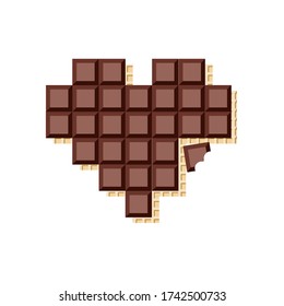 The heart is laid out of pieces of chocolate, with the texture of a waffle on the bottom. Vector illustration isolated on a white background.