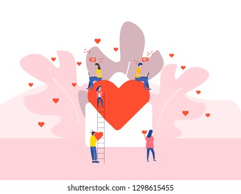 Heart in large envelope and Tiny People Valentines Day Character Concept Vector Illustration, Suitable For Wallpaper, Banner, Background, Card, Book Illustration, And Web Landing Page