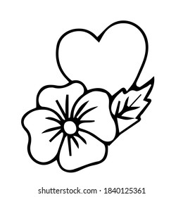 Herz mit einer großen Blume und einem Blatt. Zieht an der Umrisslinie. Valentinstag. Vektorgrafik im Doodle-Stil.