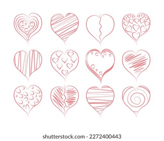 Corazón. Un gran conjunto de corazones dibujados a mano. Corazones estilizados al estilo doodle. Corazones románticos. Ilustración del vector