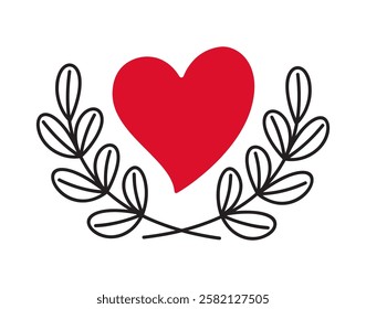 Heart in a laurel wreath doodle style Hand drawn trendy flat style love isolated icon Romantic symbol of love for web graphic design poster tattoo Valentines Day card line art Vector illustration