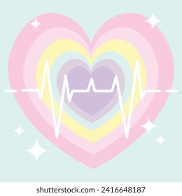 
Heart with layers of different colors centered in the middle, with a white vector that simulates the pulse of a heart. Cardio study cute kawaii vector flat illustration.