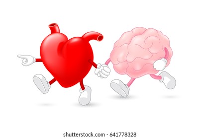 Heart leading brain character. hand in hand and walking together. Emotion over concept. Use brain and heart, vector illustration isolated on white background.