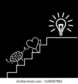 heart leading brain to success. Vector concept illustration of heart cooperation and teamwork with brain on stairs to goal new idea bulb | flat design linear infographic icon white on black background