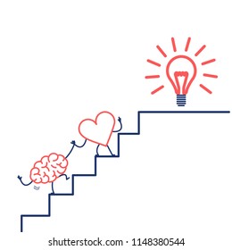 heart leading brain to success. Vector concept illustration of heart cooperation and teamwork with brain on stairs to goal new idea bulb | flat design linear infographic icon red and blue on white 