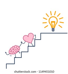 heart leading brain to success. Vector concept illustration of heart cooperation and teamwork with brain on stairs to goal new idea bulb | flat design linear infographic icon colorful on white backgro