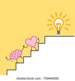 heart leading brain to success. Vector concept illustration of heart cooperation and teamwork with brain on stairs to goal new idea bulb | flat design linear infographic icon on yellow background