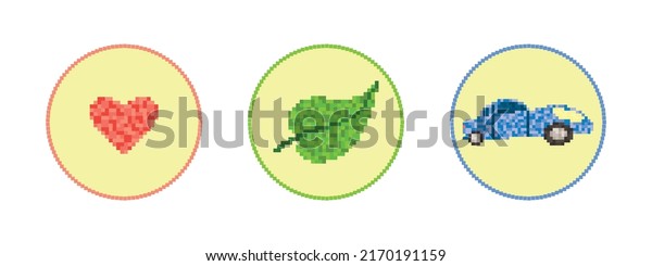 Heart, leaf and car drawn in pixel style,\
simple icons, vector\
illustration