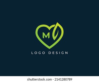 Heart and Leaf Combination Logo Concept sign icon symbol Design with Letter M. Vector illustration logo template