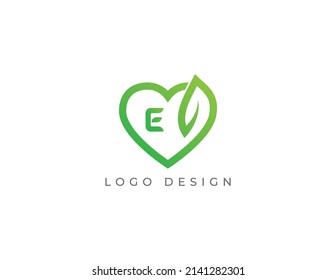 Heart and Leaf Combination Logo Concept sign icon symbol Design with Letter E. Vector illustration logo template