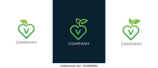Heart and Leaf Combination Logo Concept sign icon symbol Design with Letter V. Vector illustration logo template