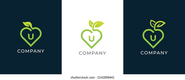 Heart and Leaf Combination Logo Concept sign icon symbol Design with Letter U. Vector illustration logo template