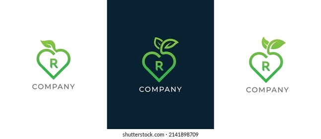 Heart and Leaf Combination Logo Concept sign icon symbol Design with Letter R. Vector illustration logo template