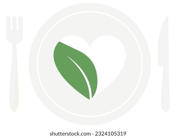 Icono de plato de corazón y hoja. Símbolo del amor por la comida vegetariana, natural, orgánica, sana y vegetariana.
Logo ecológico, estilo de vida impulsado por plantas, concepto ecológico verde.
Placa con cubiertos: bifurcación y cuchillo