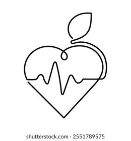 Heart with Leaf and Heartbeat. Nature-Inspired Heartbeat Logo: Minimalist Line Art. Editable Stroke.