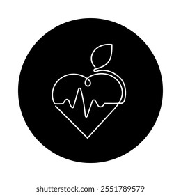 Heart with Leaf and Heartbeat. Nature-Inspired Heartbeat Logo: Minimalist Line Art. Editable Stroke.