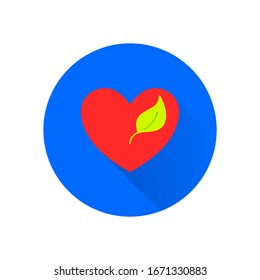 Heart with Leaf Icons with a long shadow. Ecology Vector trendy colored symbols. Eco concept