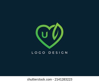 Heart Leaf Logo Concept sign icon symbol Design with Letter U. Vector illustration logo template