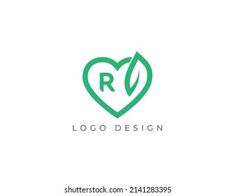 Símbolo del símbolo del signo del logotipo de la hoja del corazón Diseño con letra R. Plantilla de logotipo de ilustración de vector