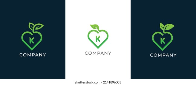 Heart Leaf Logo Concept sign icon symbol Design with Letter K. Vector illustration logo template