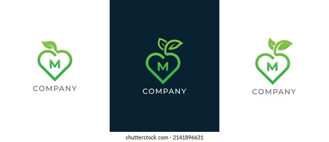 Heart Leaf Logo Concept sign icon symbol Design with Letter M. Vector illustration logo template
