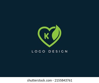 Heart Leaf Logo Concept sign icon symbol Design with Letter K. Heart and Leaf Combination. Vector illustration logo template