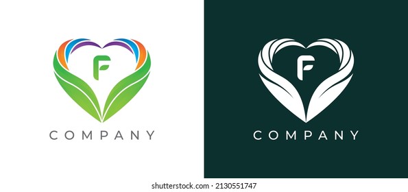 Heart and Leaf Logo icon symbol with Letter F. Vector logo template