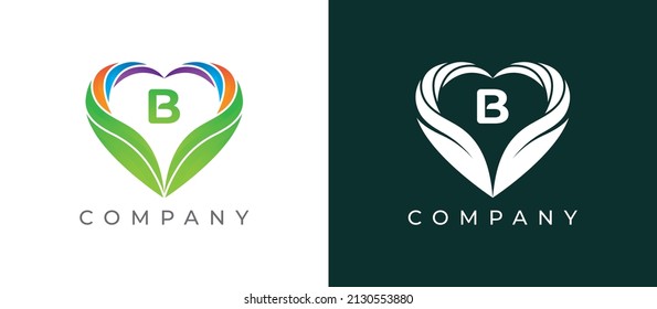 Heart and Leaf Logo icon symbol with Letter B. Vector logo template