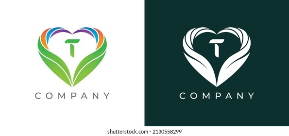 Heart and Leaf Logo icon symbol with Letter T. Vector logo template