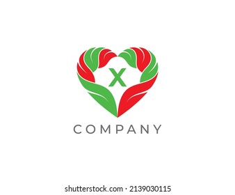 Symbol für das Symbol für Herz und Leaf-Logo Design mit Buchstabe X. Vektorlogo-Vorlage