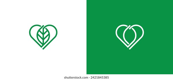 Símbolo del símbolo del logotipo de la hoja de corazón Icono Diseño Estilo de la línea de arte. Salud, Herbal, Amor a la Naturaleza, Ecología Logotipo. Plantilla de logotipo de ilustración de vector