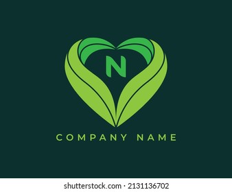 Heart and Leaf Logo symbol with Letter N. Vector logo template