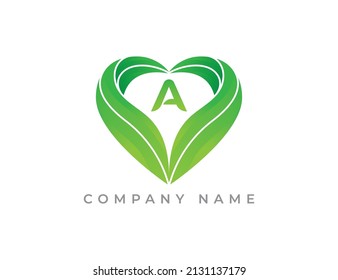 Heart and Leaf Logo symbol with Letter A. Vector logo template