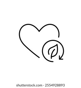 Heart and leaf in recycling arrow. Eco-friendly attitude, sustainable practices. Pixel perfect, editable stroke icon